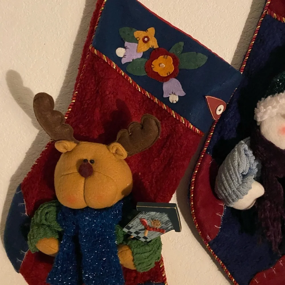 2 Christmas Plush 3D Patchwork Holiday Stockings Snowman and Reindeer 18”x 10”